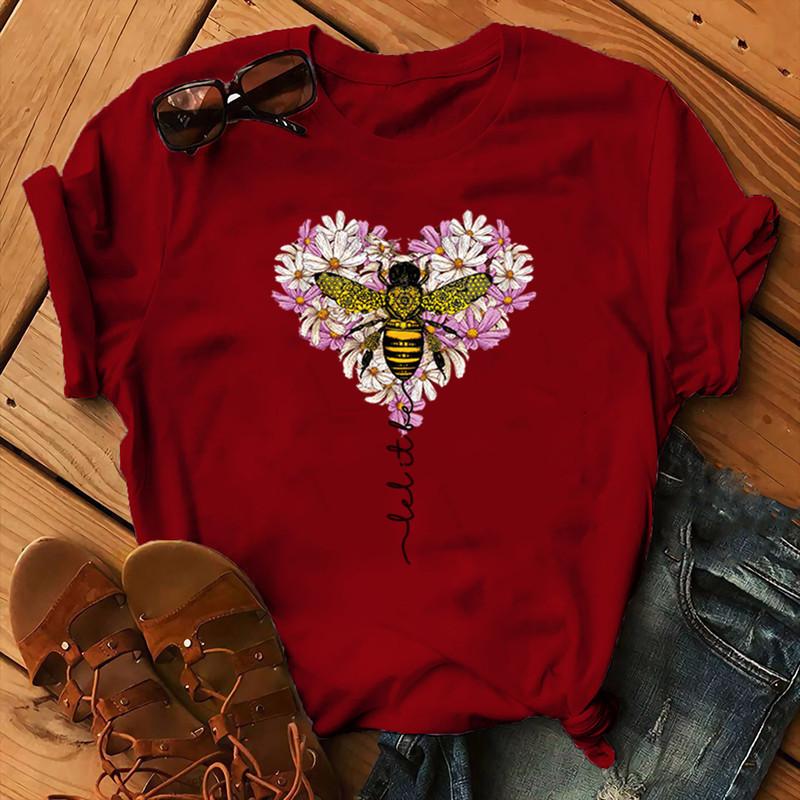 Coton 100% Femme Noël Animal Fleur Manches Courtes Abeille Fleur Imprimé Surdimensionné T-shirt Graphique T-shirts Hauts Harajuku