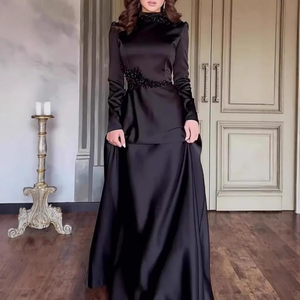 Spring Summer New European American Solid Color Long Sleeve Slim Lace Trim Retro Elegant Party Dress Gown