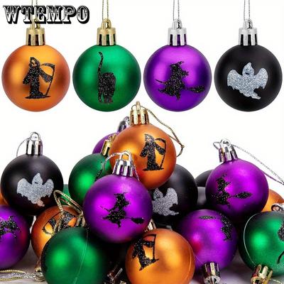 48pcs Halloween Hanging Ball Ornaments Halloween Glitter Witch Ghost Shatterproof Balls- Colorful Hanging Tree Balls Ornaments
