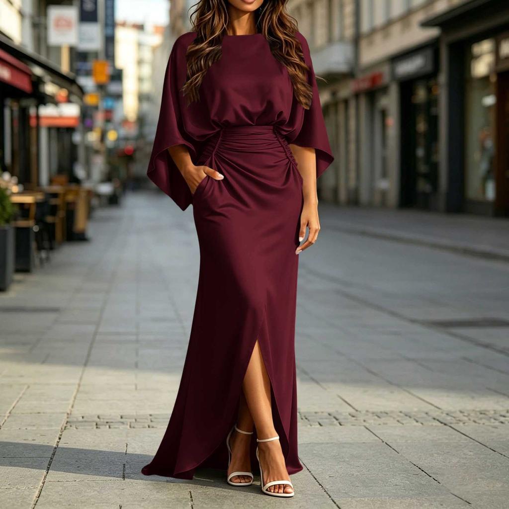 Robe longue plissée pour femme avec poches, taille cintrée, coupe ajustée, pour le quotidien et le travail