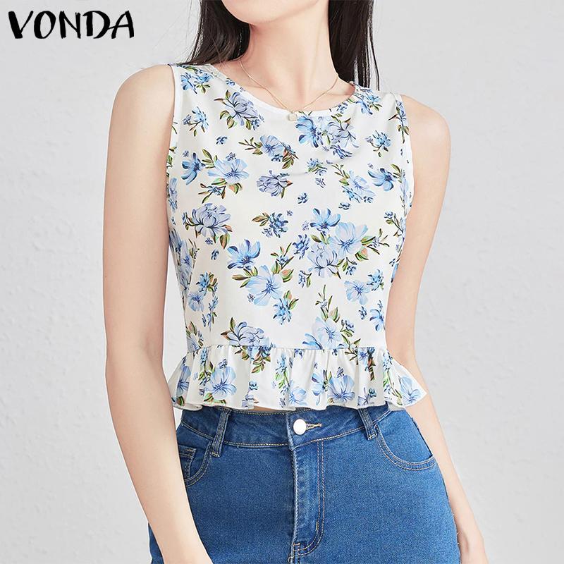 

VONDA Summer Women Sleeveless Vest Pleating Casual Tank Tops 5XL помаранчевий