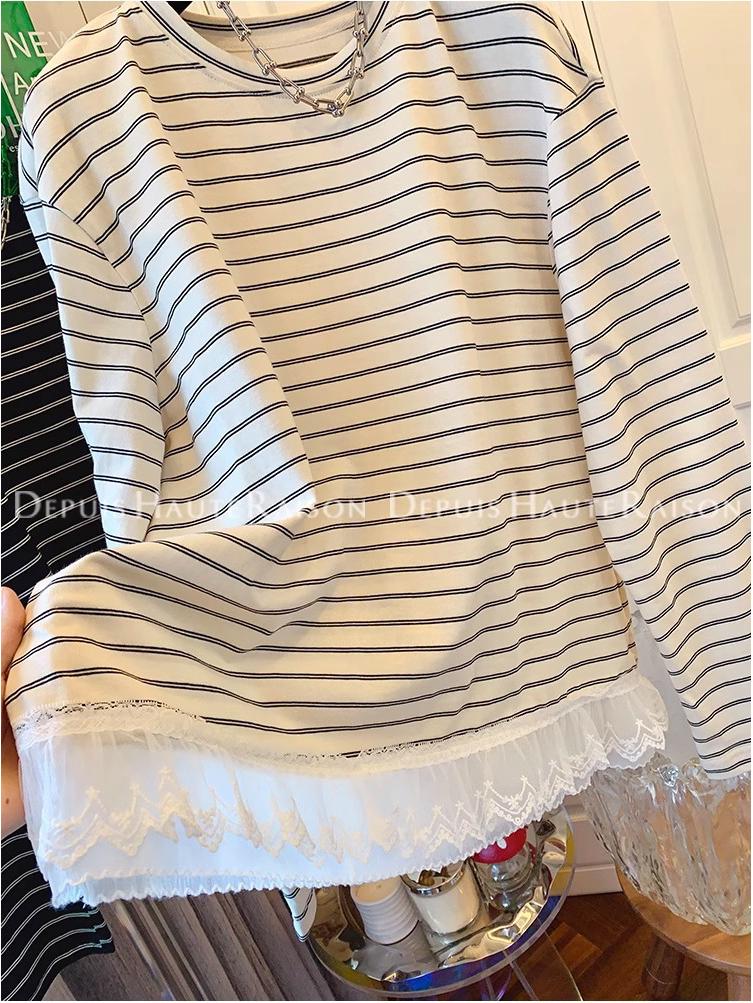 Korean-Style Striped Lace Trim Fake Two-Piece Long-Sleeve Women's T-Shirt