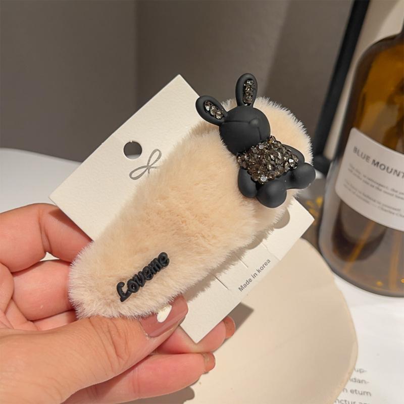Rabbit Shape Hairpin Lovely Female Rhinestones Bunny Plush Clip Headdress Lolita Hair Barrette Nonslip Hair Clip for