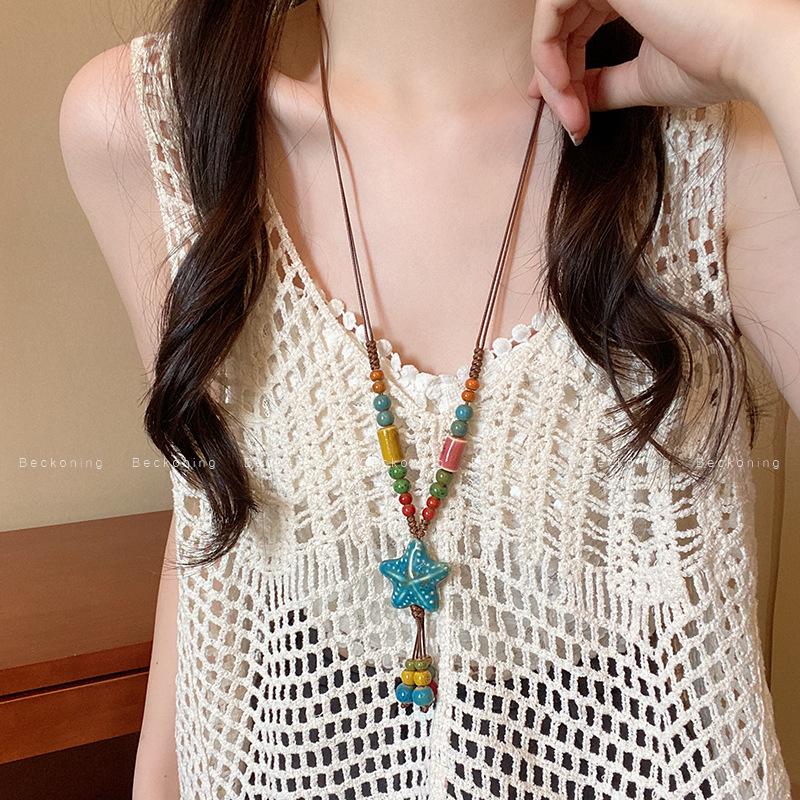 New Chinese Color Ceramic Beaded Star Necklace Female Bohemian Retro Ethnic Style Long Sweater Chain Accessories