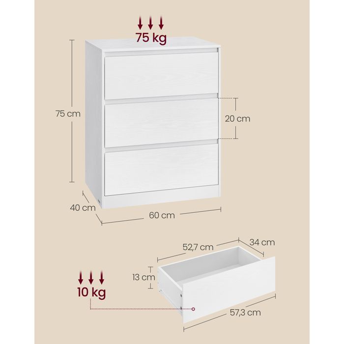 Commode 3 Tiroirs - VASAGLE - KAILYN - Moderne - Blanc Neige - 40x60x75 cm