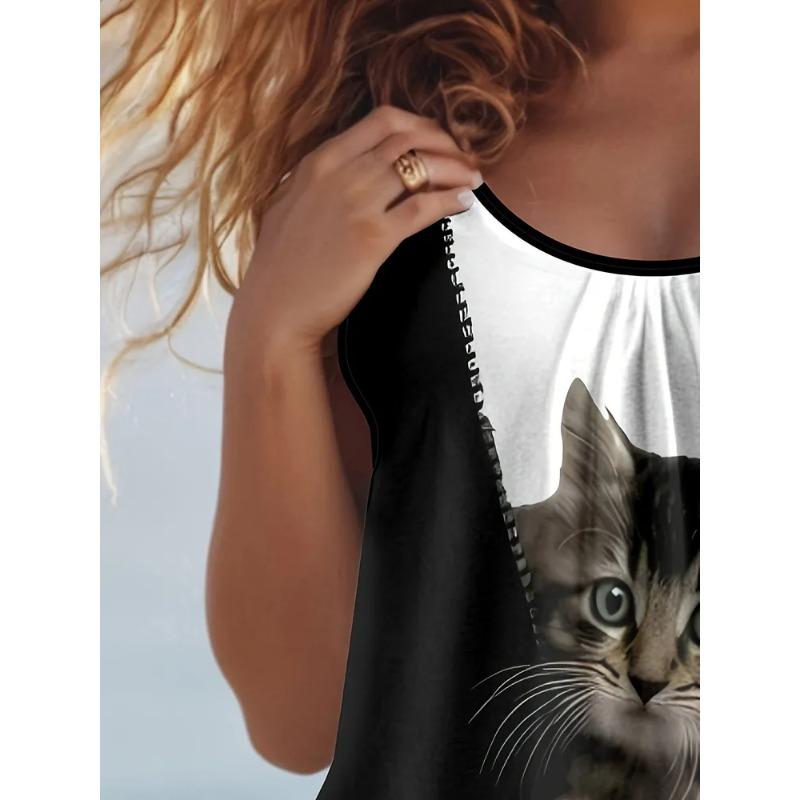 Women's Sleeveless Vest Creative Color Pattern Cat Printing Comfortable Soft Fashionable Versatile Summer Vest