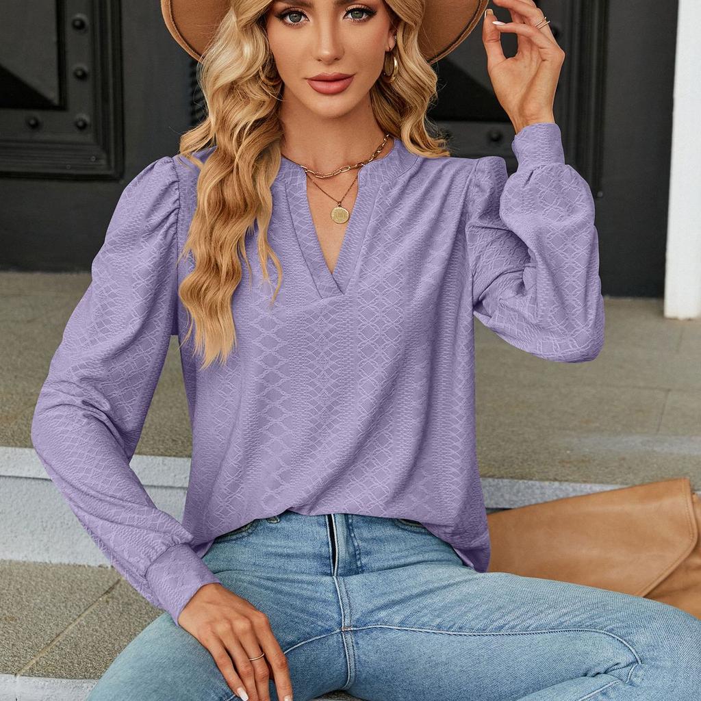 Spring Autumn Solid Top for Women V-neck Jacquard Long Sleeve Loose Blouse