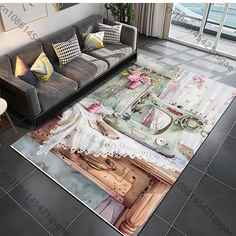 Retro sewing machine poster Pattern Rug Carpet for Living Room Bathroom Mat Creative Doormat Carpet for Bedroom Home Decor