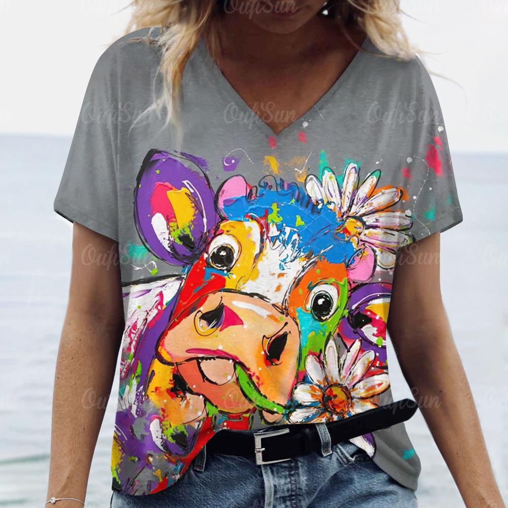 Sommer T-skjorte for kvinner Y2k-stil kortermede topper Anime Cow Print Dameklær Dame Løs bluse V-hals Mote Streetwear