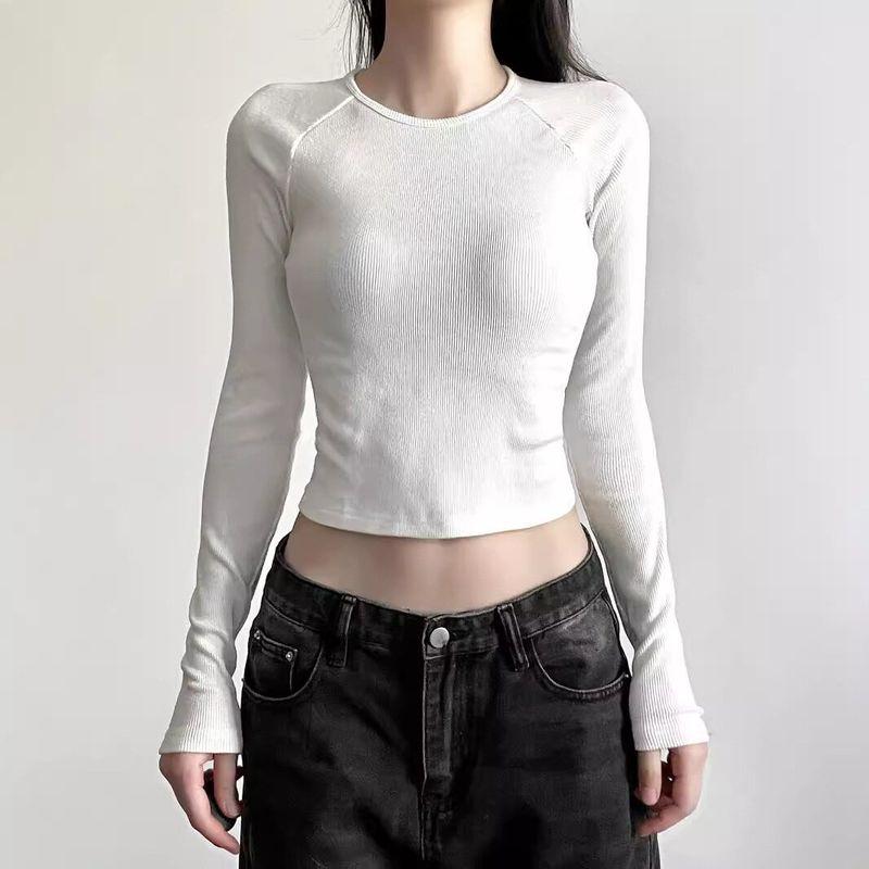 Personalized Printed Long-Sleeve Short T-Shirt for Women, Korean Style, Slim Fit, Regular Shoulder, Suitable for Spring and Autumn