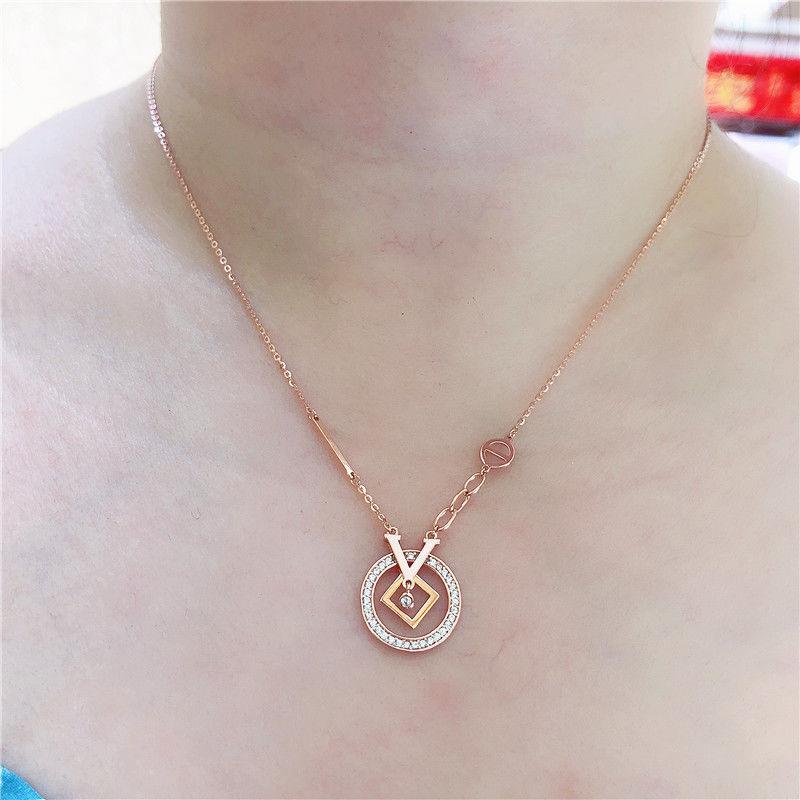 Exquisite Colored Gold Light Luxury Russian Purple Gold Diamond-Encrusted Love Letter Necklace Temperament 585 Rose Gold-Plated Chain