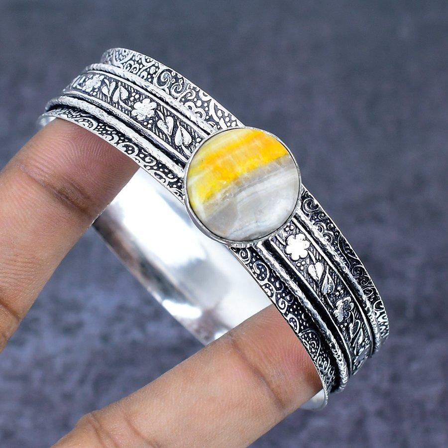Bumble Bee Jasper Gemstone Handmade 925 Sterling Silver Cuff Bangle 7.5" p6J12
