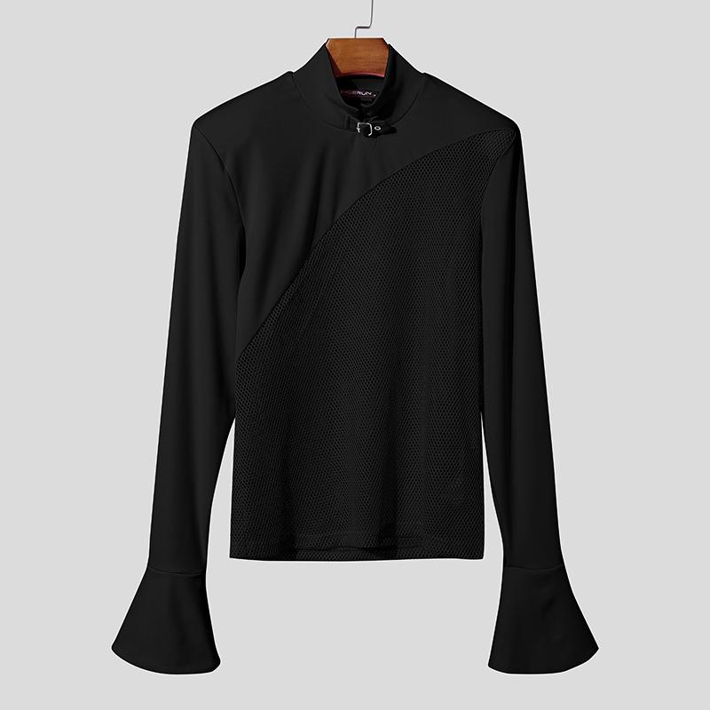 INCERUN Men Mockneck Long Sleeve Webbing Patchwork Fitted Casual Undershirts T-shirts XL чёрный