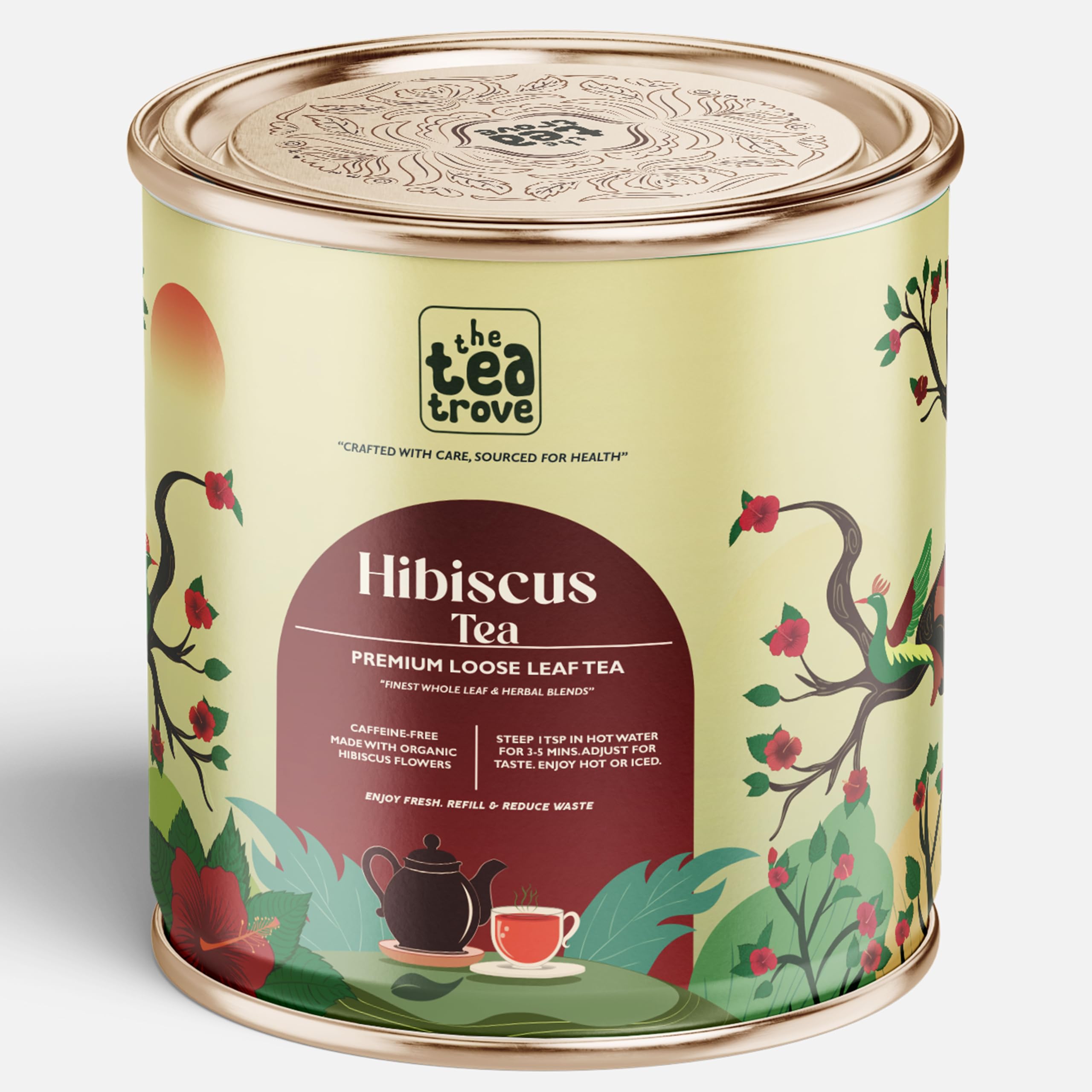 The Tea Trove Hibiscus Tea Leaves Organic 100g - Tin Box Pack, Hibiscus Flower Dry Herbal Infusion, Caffeine-Free Drink, Refreshing Red Wellness