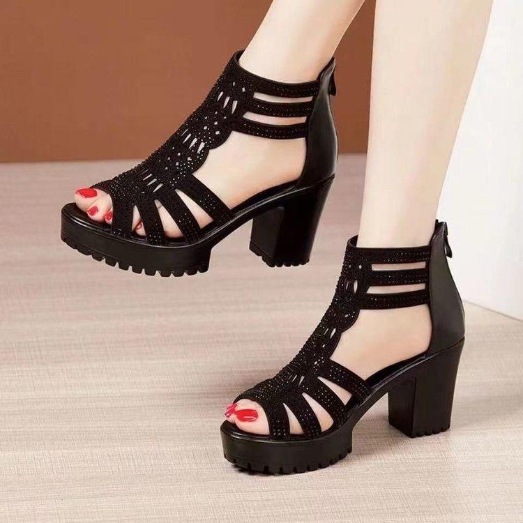 Summer Sandals Women's 2025 New Rhinestone Hollow Fashion Women's Sandals Fish Mouth Non-slip Versatile High-heeled Roman Sandals