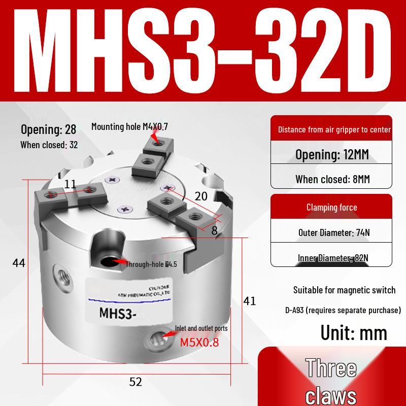 Pneumatic Gripper with Dual, Triple, and Quad Jaw Options: MHS2/3/4-16D/25D/40D/50/63D Clamping Cylinder