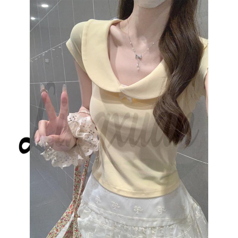 Korean Sweet Spring/Summer Slim-Fit Doll Collar Pure Cotton T-Shirt