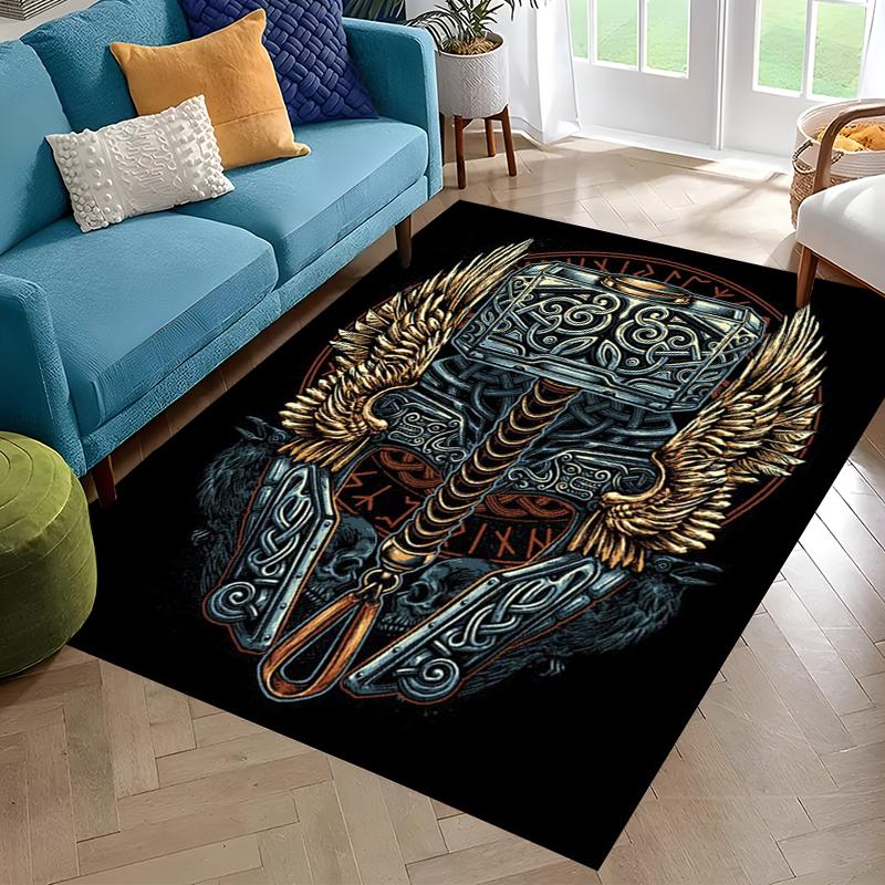 Nordisches Wikingerkrieger Symbol Walhalla Valknut Rune Motto Teppich für Schlafzimmer Wohnzimmer Sofa Zuhause Fußmatte Dekor, Rutschfeste Bodenmatte