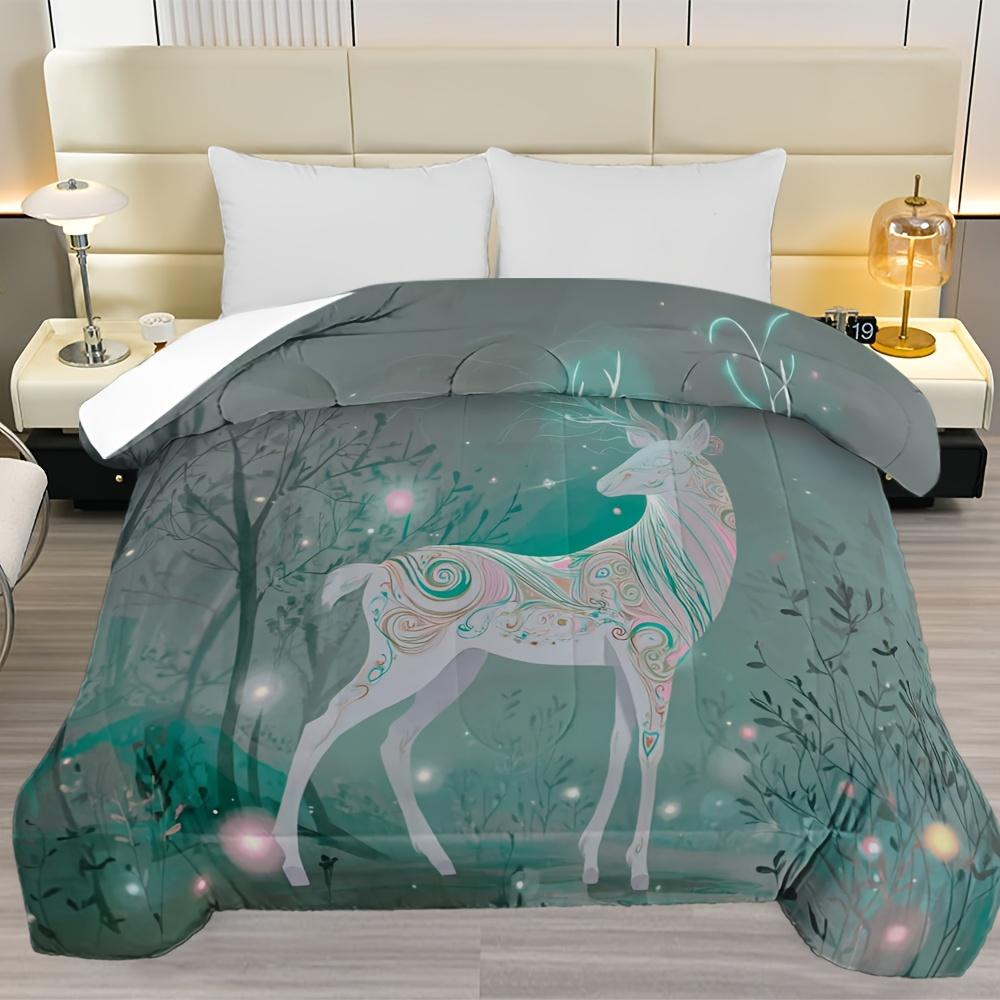 1pc Luxury Winter Forest Deer Quilt - Turquoise Green & White All-Season Bedspread, Ultra-Soft Breathable Comforter with Deer