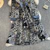 Spring Autumn Women Vintage Print V-neck Denim Patchwork Long Midi Casual Dresses