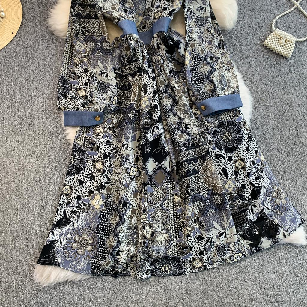 Spring Autumn Women Vintage Print V-neck Denim Patchwork Long Midi Casual Dresses