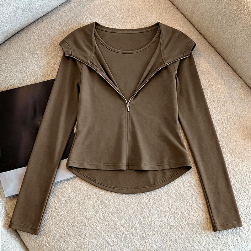 

Women s Coffee Faux Two-Piece Hooded Slim Fit Sweatshirt – Long Sleeve, Short, Autumn/Winter Layer.