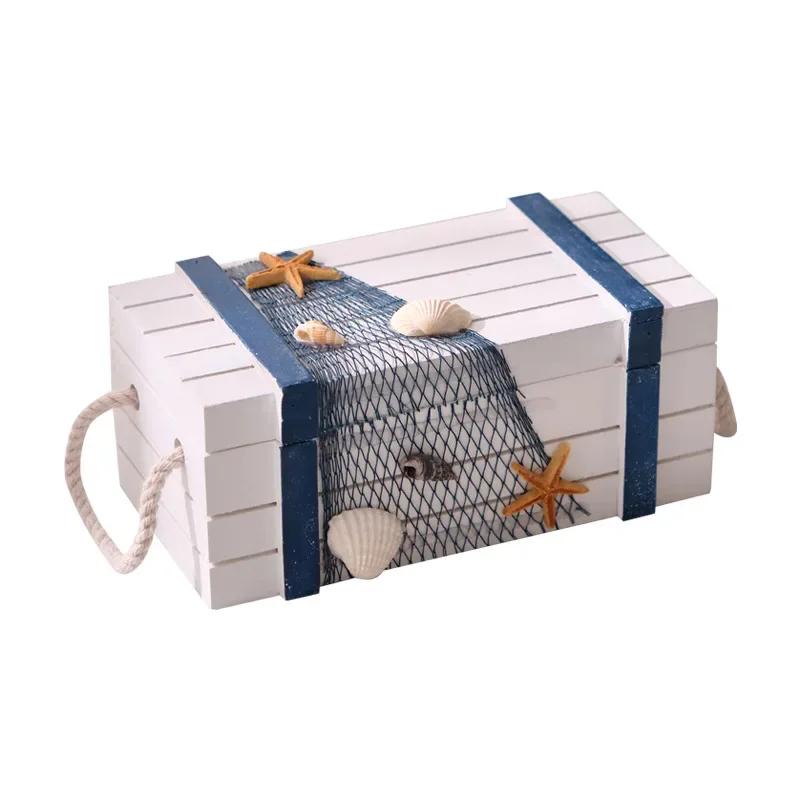 Decorative Keepsake Chest - Set of 3 Jewelry Storage Box Antique Wood Storage Boxes with Rope Pulling and Shell Decoration