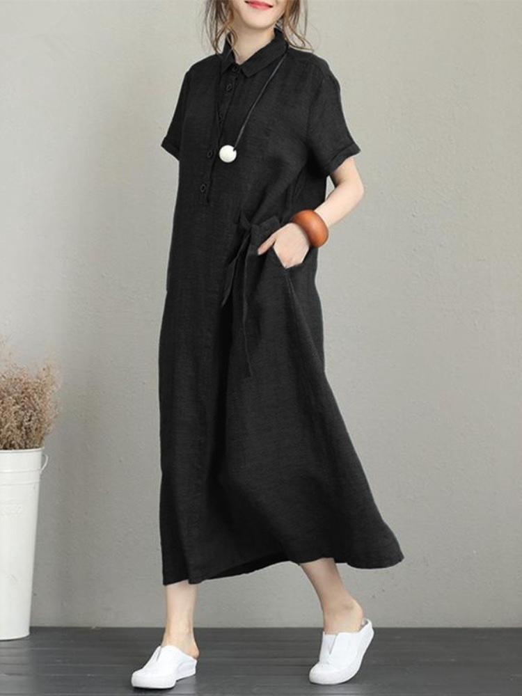 POLO Collar Cotton Linen Short Sleeved Loose Pocket Temperament Women's Casual Dress Black Summer Dress Women White Dress