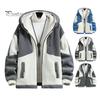 Men Spliced Hood Jacket Fall Winter Colorblock Hooded Zipper Closure Cardigan Thick Plush Polar Fleece Letter Decor Warm Long Sleeve Pockets