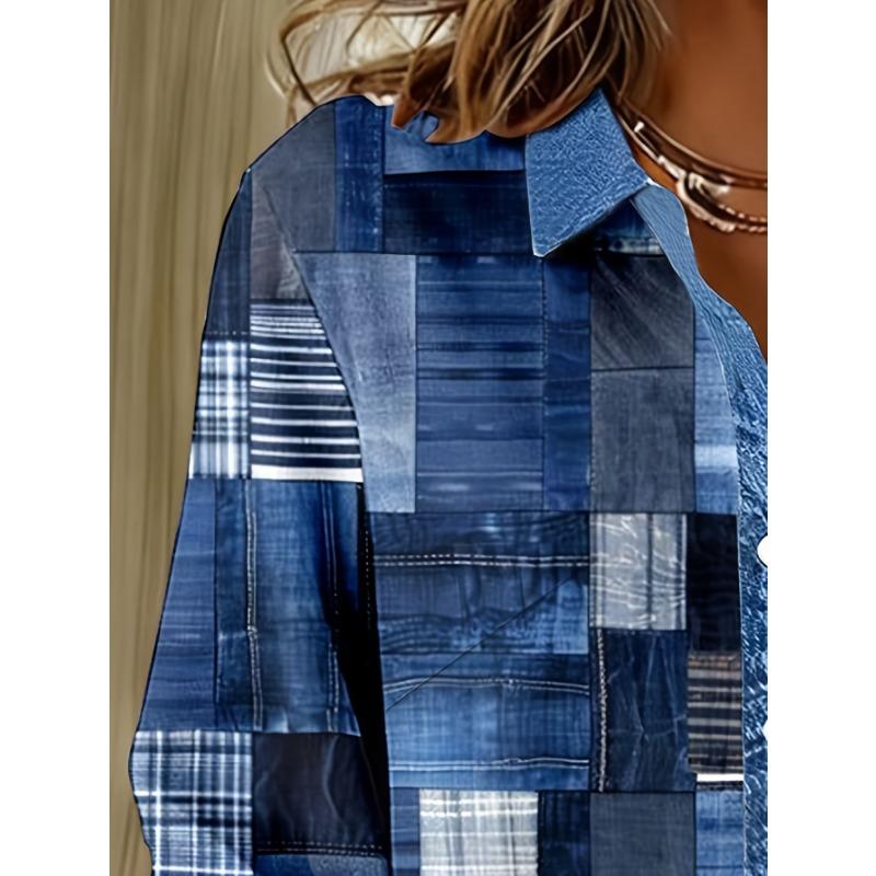 Casual Fashion Color Block Mottled Print Women'S Button Long-Sleeved Shirt Cardigan Top