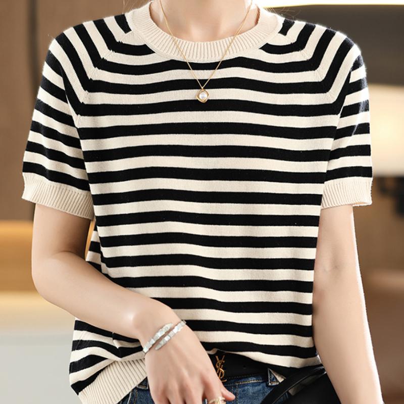 

IHUASU Полосатая хлопковая футболка, женский летний свитер, свободный универсальный трикотажный низ с короткими рукавами XXL чёрный