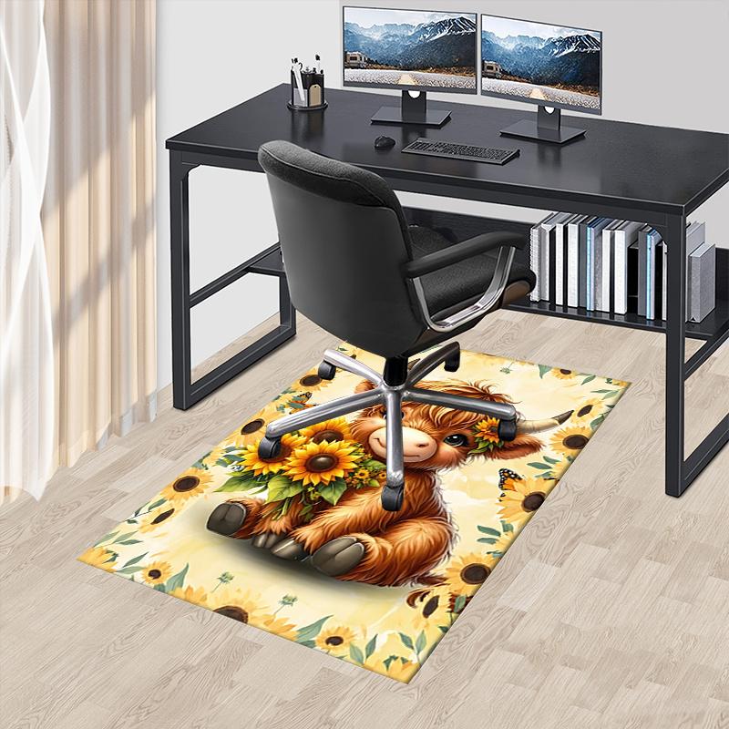 

Highland Bull Theme Chair Mat: Cute Cow with Sunflowers Office Carpet Large Size, Home Decor, Sofa Rug, Gift for Office and Living Room 60cm by 90cm