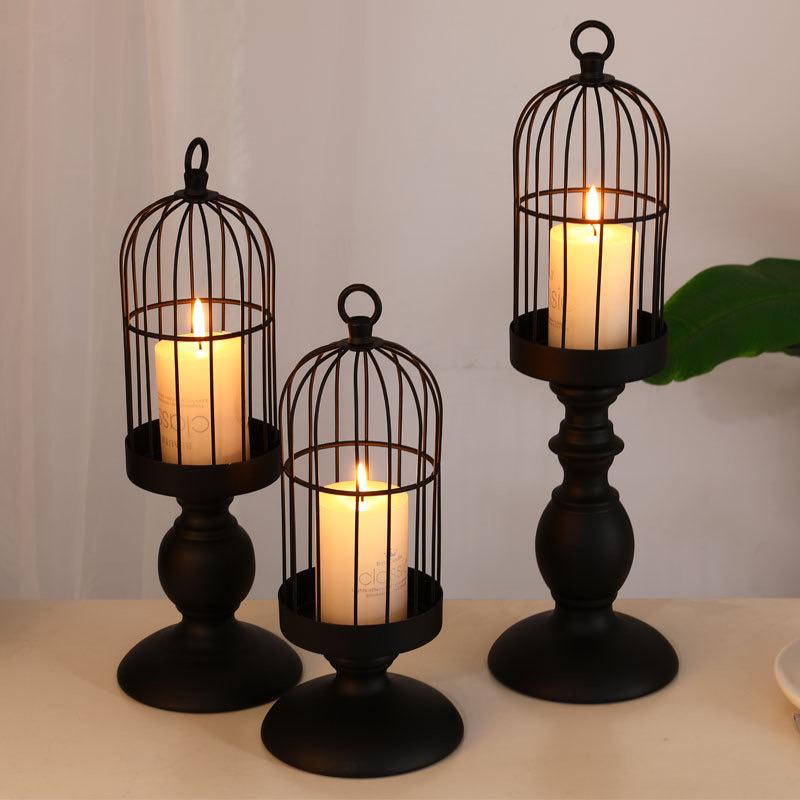 Černý kovový svícen Retro Bird Cage Svícen Jídelní stoly Středové díly Řemesla Svatební párty Domácí dekorace