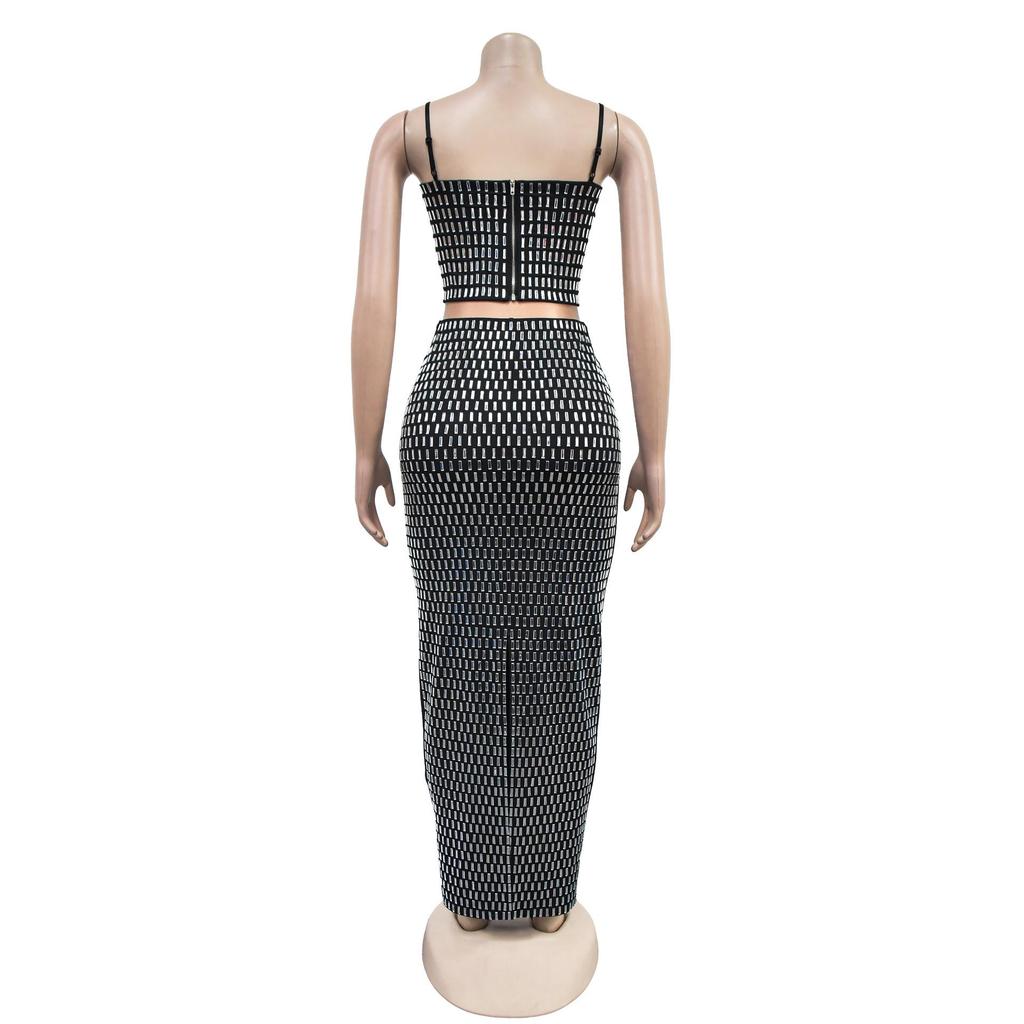 C7196 European and American Fashion Women's Sleeveless Spaghetti Strap Hot Drilling Long Dress Two-Piece Set