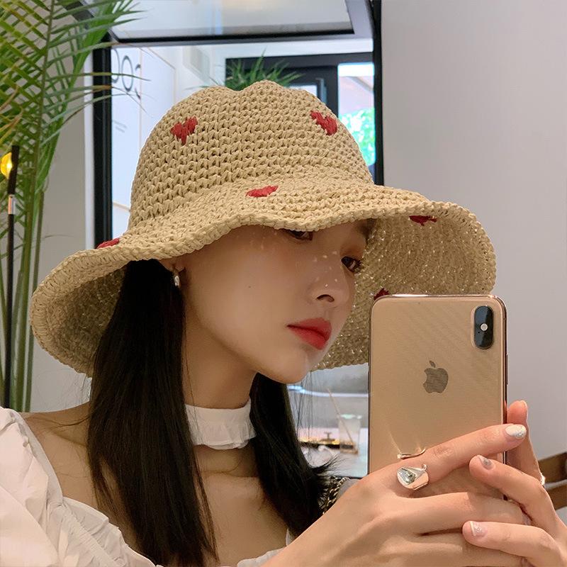 

Holiday lazy leisure love hand-woven straw hat breathable women s summer thin sunshade sun hat basin hat tide Adult (56-58cm) хакі