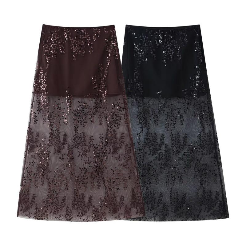 European & American Style 2026 High-Waisted Midi Skirt with Embroidered Sequins and Glitter