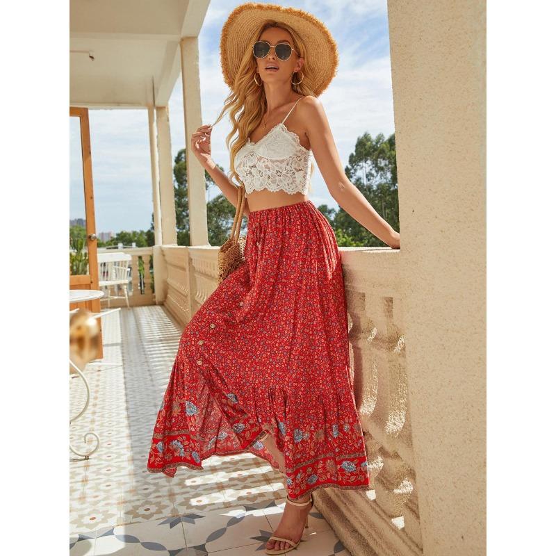Women's Summer High Waist Printed Buckle Split Holiday Halter Skirt
