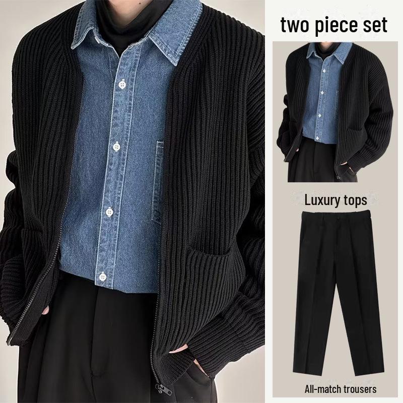 

Мужской трикотажный кардиган на молнии с повседневными свободными брюками 3XL