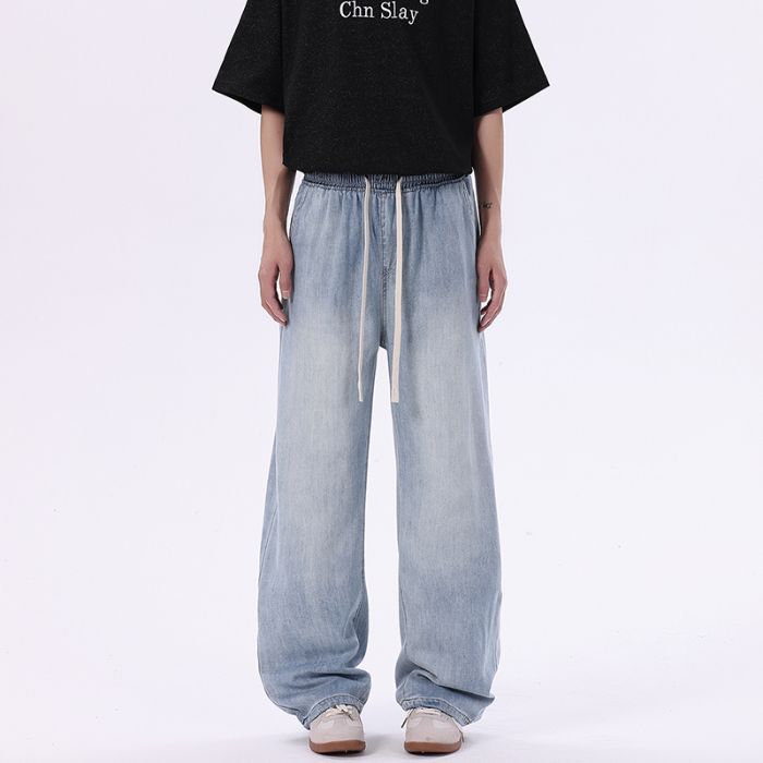 Three-bar Jeans with Loose Draping Style High Street Mopping Trousers