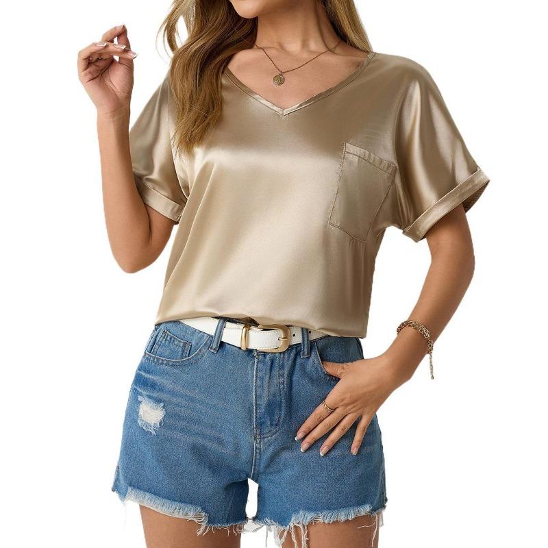 Women's Summer Fashion New Loose Pocket Roll Short Sleeve Casual Top