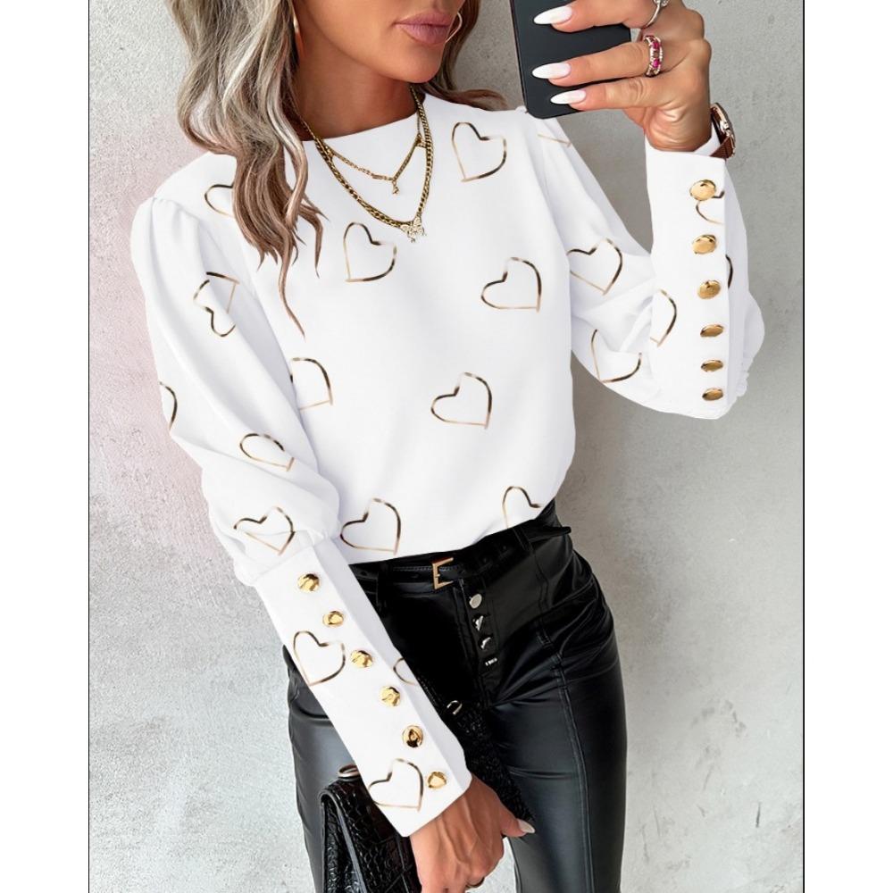 IHUASU Autumn Winter Fashion Printed Long Sleeve Round Neck Button-down Shirt for Women T-shirt