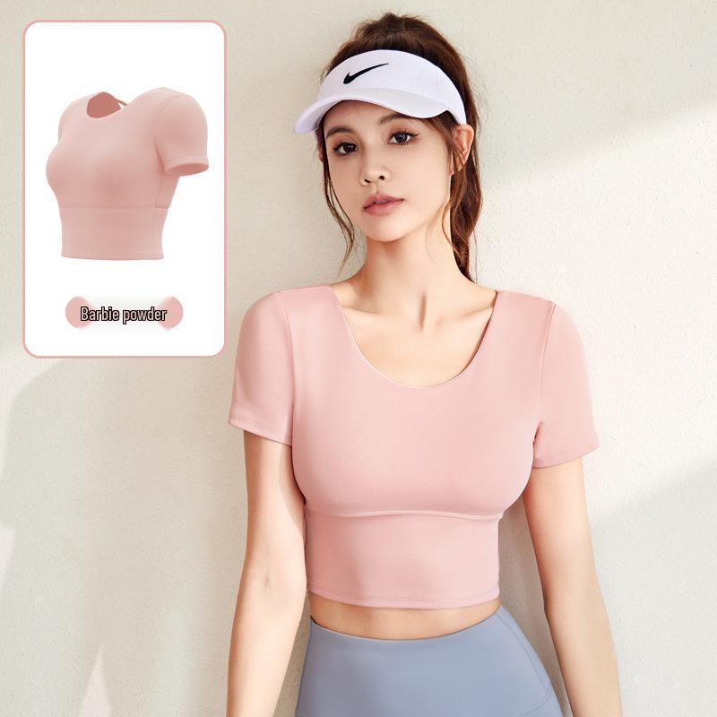 Yoga Slim Fit Criss-Cross Back Sports T-Shirt with Built-in Bra