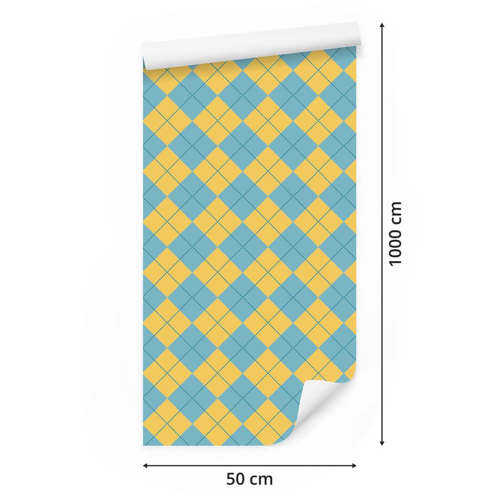 Yellow, blue, turquoise and gold checkered wallpaper 50x1000