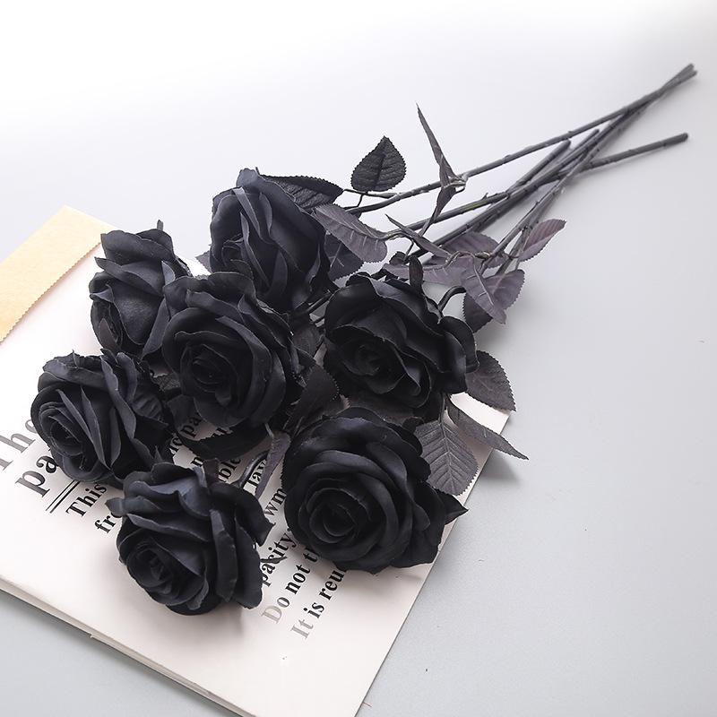 1PC Pure Black Single Rose Halloween Ghost Festival Horror Gothic Style Dark Bouquet Series Decoration Home Garden Room Decor