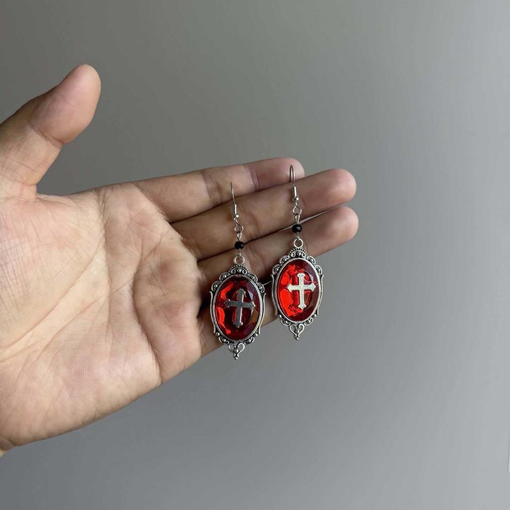 Gothic Cross Earrings, Red Pendant, Silver Dangle Earrings, Alternative Fashion Religious Jewelry