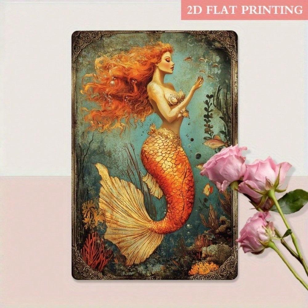 Vintage Tin Metal Mermaid Wall Art Bathroom Decor Ocean Fantasy Sign