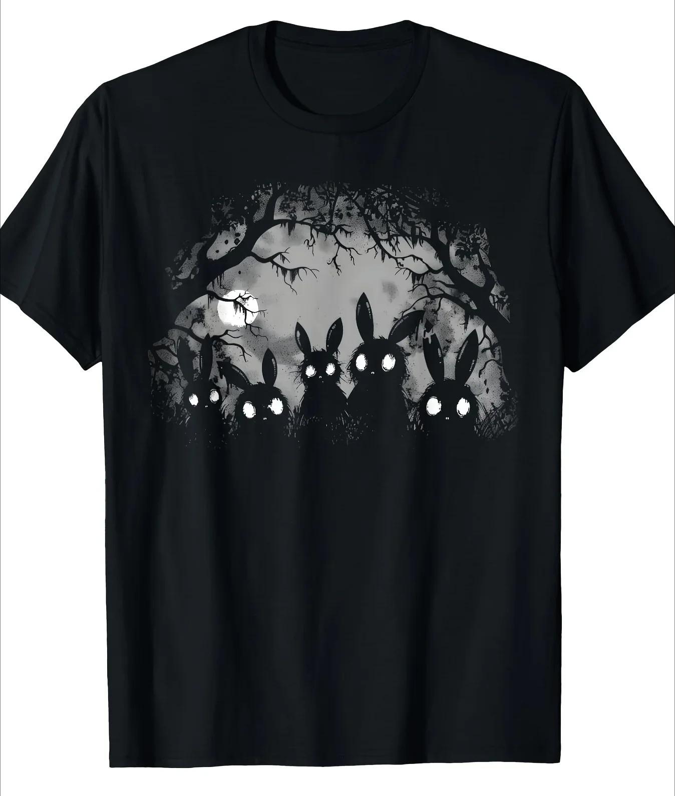 2026 Men Women s Dark Gothic Style Cute Rabbit Horror T-shirt with Eerie Forest Print Adorned with Full Moon and Bat Motifs Clothing Short Sleeve Tee 4XL