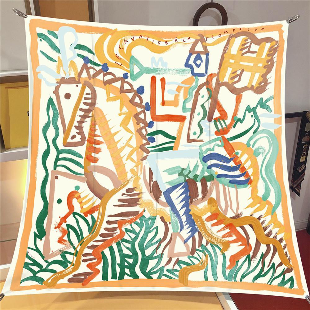 

Silk Scarf Women Graffi Horse Print Square Scarves Head Echarpes Silk Foulards Femme Wraps Beach Shawls Bandana Lady Hijabs 90CM One Size