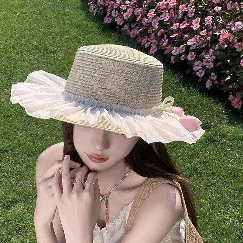 

French-Style Lace Bow Straw Hat For Women Summer Wide Brim Sun Protection Hat Beach Vacation Sun Hat A