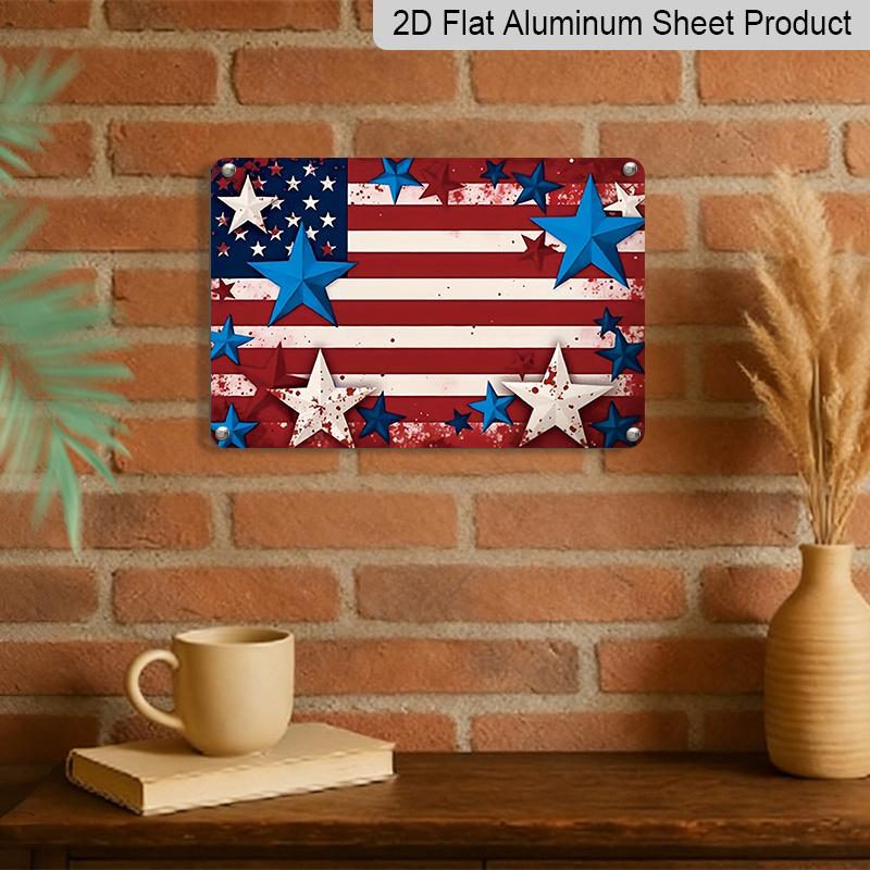 2D Flat, 1pc Patriotic Star Flag Decor Plaque, 12"×8" - Red White & Blue Star Design Wall Sign - Aluminium Wall Hanging Decoration for Holiday, Home